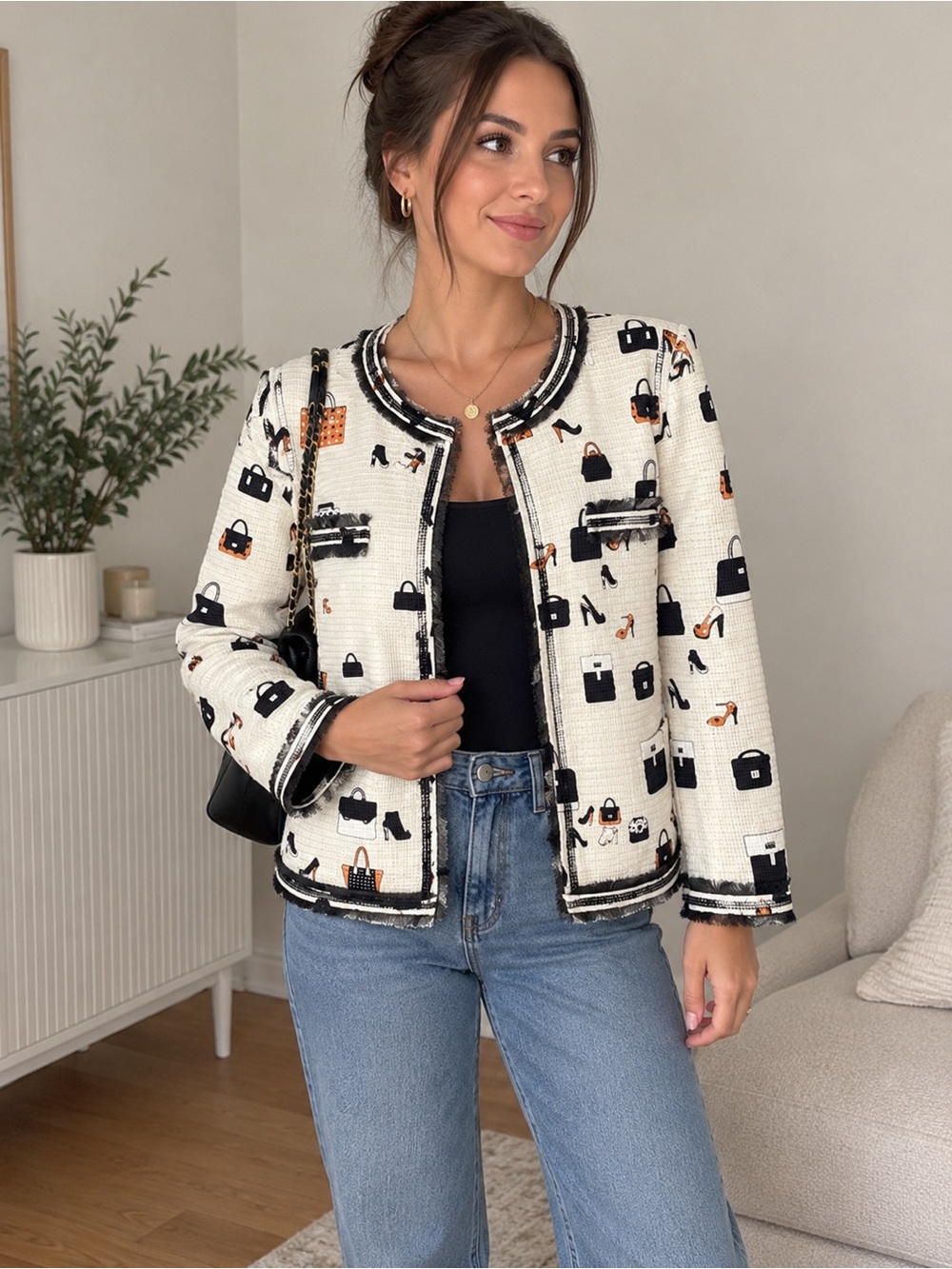 Woven Tweed Buttonless Jacket - Cream & Black